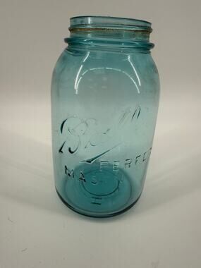 Vintage Ball  Mason Jar Aqua Green Glass Quart Canning Bottom Mark H9